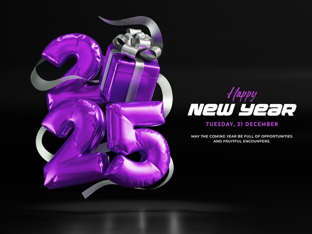 Feliz año nuevo 2025 Balón de aluminio 3d Render Template