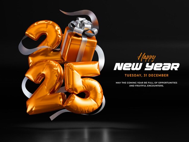 Feliz año nuevo 2025 Balón de aluminio 3d Render Template
