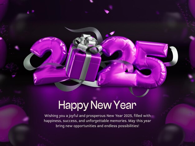 Feliz año nuevo 2025 Balón de aluminio 3d Render Template
