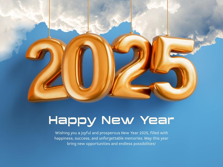PSD gratuito feliz año nuevo 2025 globo de papel dorado 3d render template