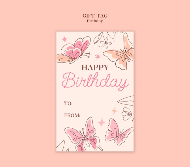 Feliz cumpleaños etiqueta de regalo con mariposas
