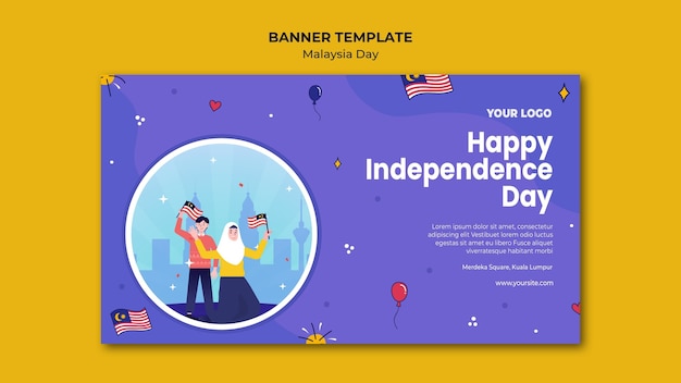 Feliz día de la independencia plantilla web de banner de pueblo de Malasia