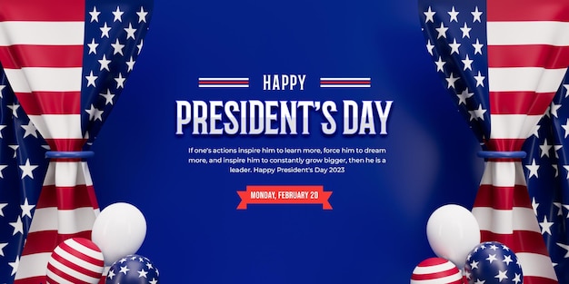 Feliz día de los presidentes de américa diseño de banner 3d con bandera realista