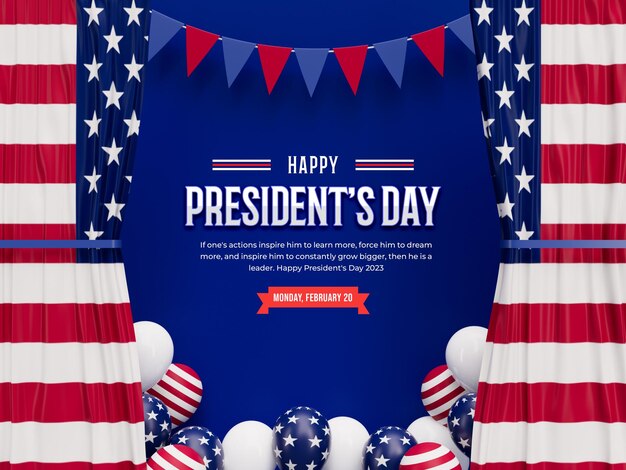 Feliz día de los presidentes de américa diseño de banner 3d con bandera realista
