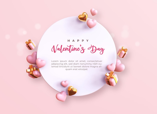 Feliz día de san valentín con corazones en 3d, caja de regalo y decoraciones románticas de san valentín