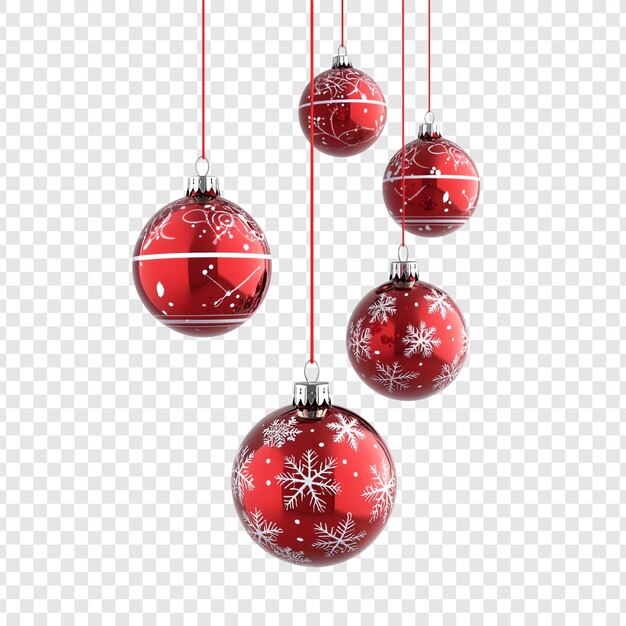 Feliz Navidad Ballas de Navidad rojas con copos de nieve y patrones elegantes colgando de cuerdas rojas aisladas en un fondo transparente Decoración festiva para las vacaciones de invierno