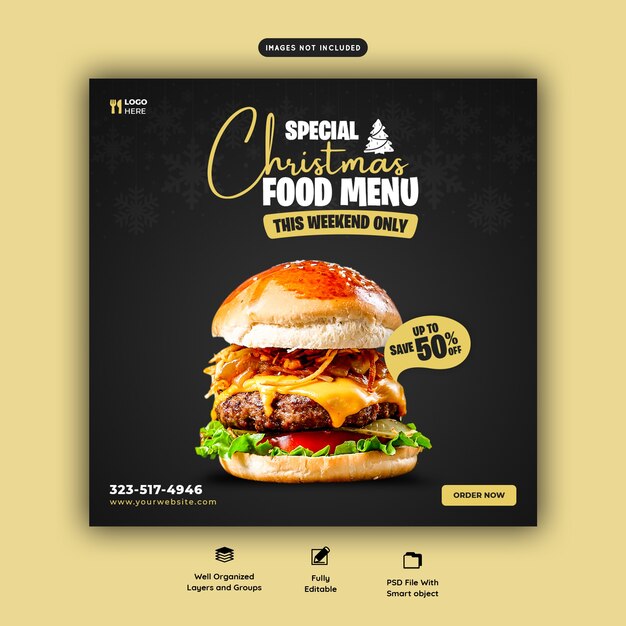 Feliz navidad deliciosa hamburguesa y menú de comida plantilla de banner de redes sociales