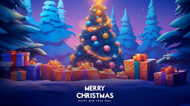 PSD gratuito feliz navidad y feliz año nuevo con fondo de paisaje navideño