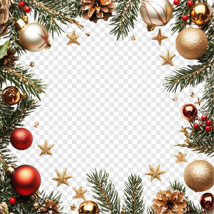 PSD gratuito feliz navidad marco festivo con adornos y ramas de pino