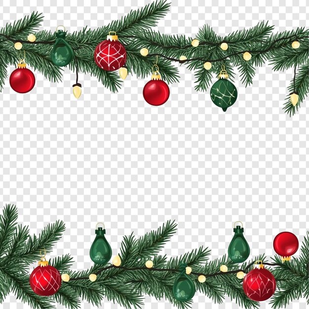 Festivo borde de Navidad Ramas de abeto elegantes con adornos rojos y verdes