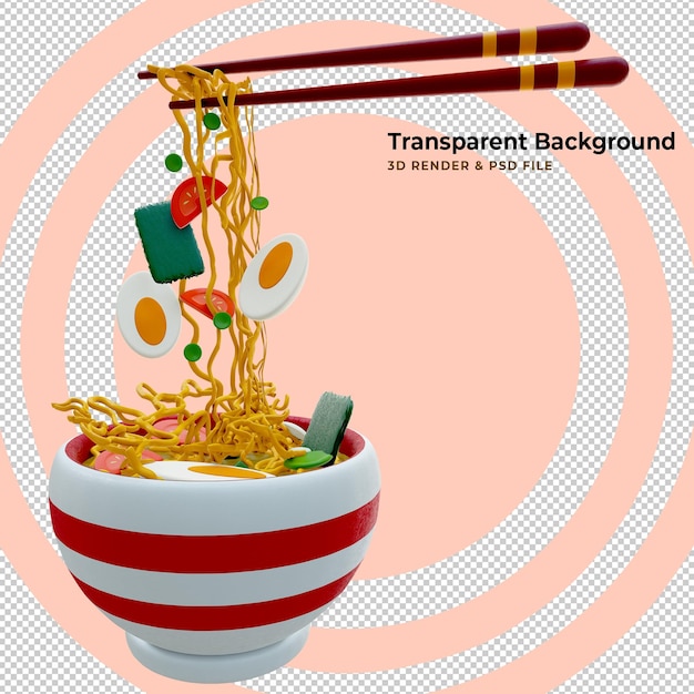 Fideos chinos o fideos instantáneos japoneses picados con palillos en forma de tazón blanco con forma de giro o forma de remolino Ilustración 3d