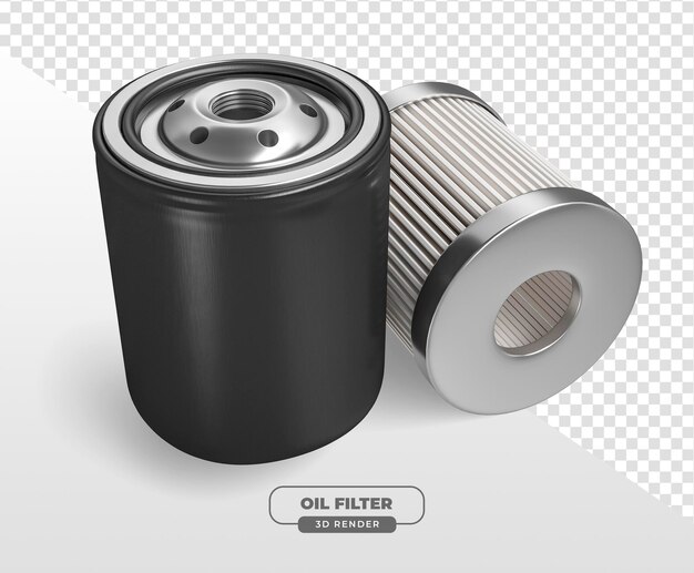 Filtro de aceite metálico realista renderizado en 3D para el mantenimiento de automóviles con fondo transparente
