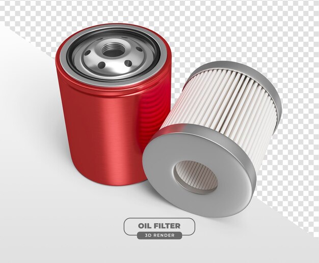 Filtro de aceite metálico realista renderizado en 3D para el mantenimiento de automóviles con fondo transparente