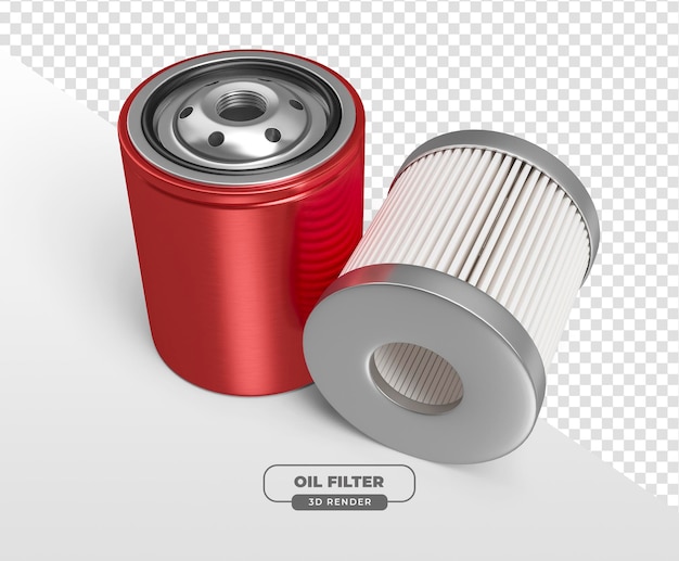 Filtro de aceite metálico realista renderizado en 3D para el mantenimiento de automóviles con fondo transparente