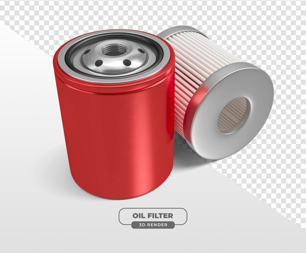 Filtro de aceite metálico realista renderizado en 3D para el mantenimiento de automóviles con fondo transparente