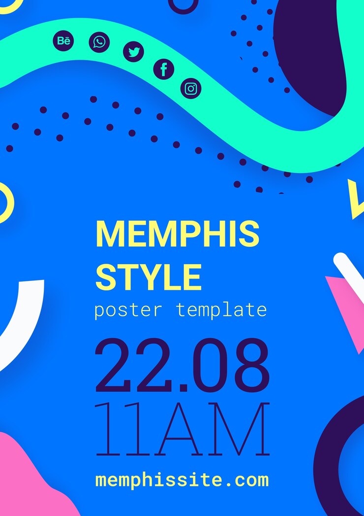 PSD Gratis flat blue memphis style poster