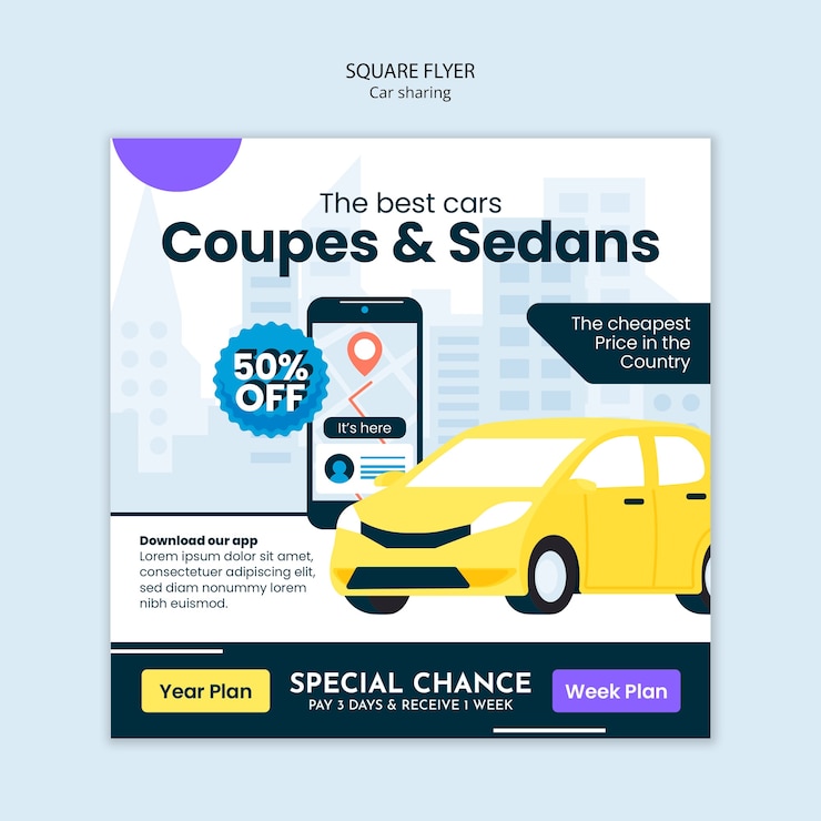 PSD Gratis flat design car sharing square flyer