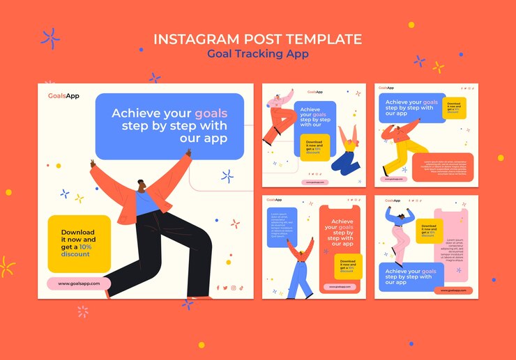 PSD Gratis flat design goal tracking app instagram post set