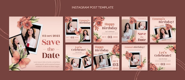 Gratis PSD floral instagram posts collectie voor verjaardagsviering