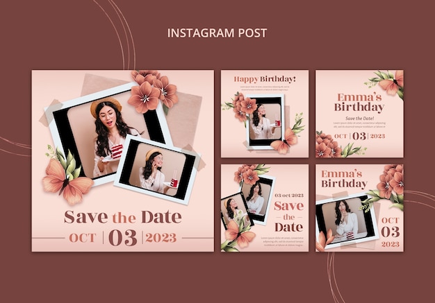 Gratis PSD floral instagram posts collectie voor verjaardagsviering