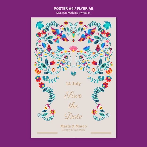 Gratis PSD floral mexicaanse bruiloft uitnodiging flyer sjabloon