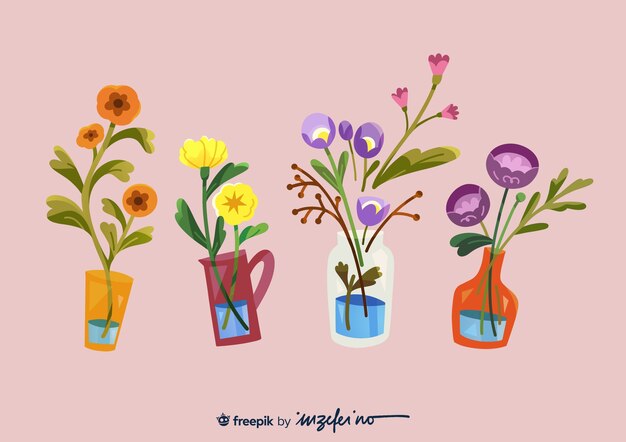 Flores de colores en jarrones