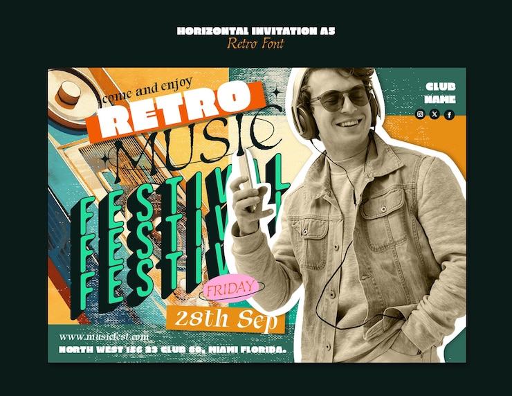 PSD gratuito flyer del festival di musica retro