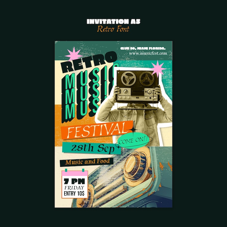 PSD gratuito flyer del festival di musica retro