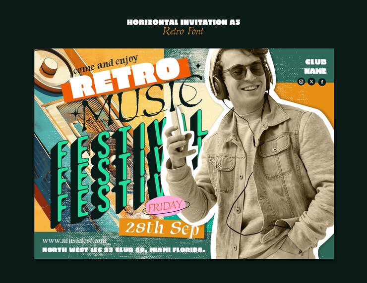 PSD gratuito flyer para festival de música retro