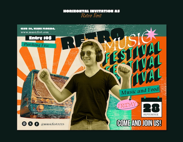 PSD gratuito flyer para festival de música retro