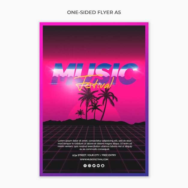 PSD gratuito flyer de una página a5 para festival de música de los 80