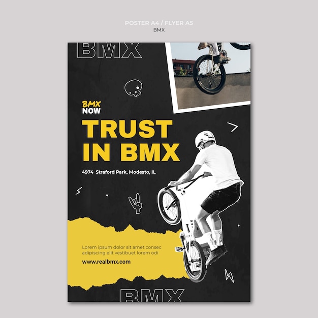 Gratis PSD flyer-sjabloon voor bmx fietsen met man en fiets