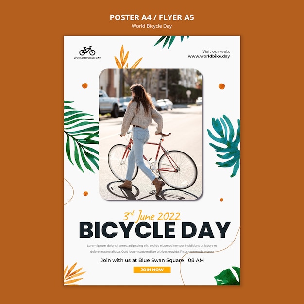 PSD gratuito folleto botánico del día mundial de la bicicleta.