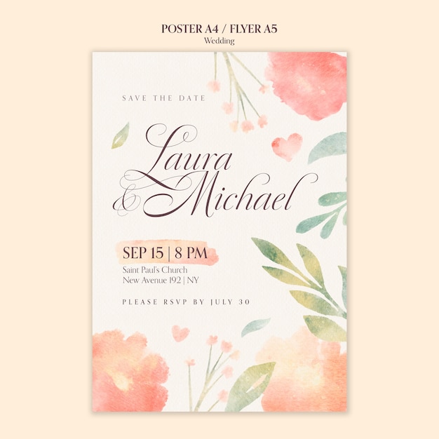 Folleto de celebración de bodas en acuarela