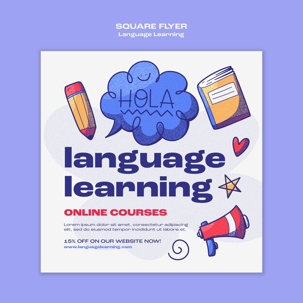 Folleto cuadrado de aprendizaje de idiomas dibujado a mano