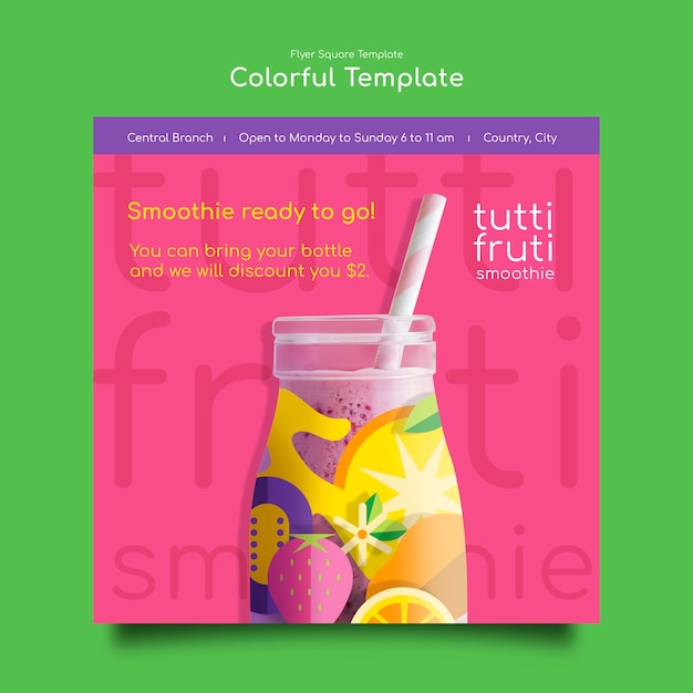 Folleto cuadrado colorido de comida de diseño plano