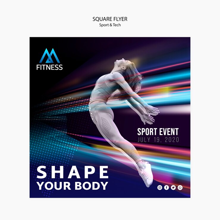 PSD gratuito folleto cuadrado de deporte y tecnología fitness