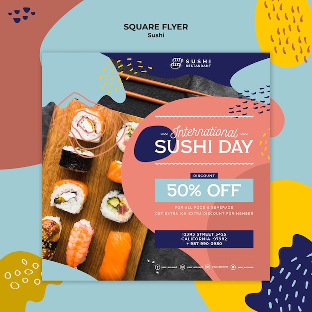 Folleto cuadrado del día internacional del sushi