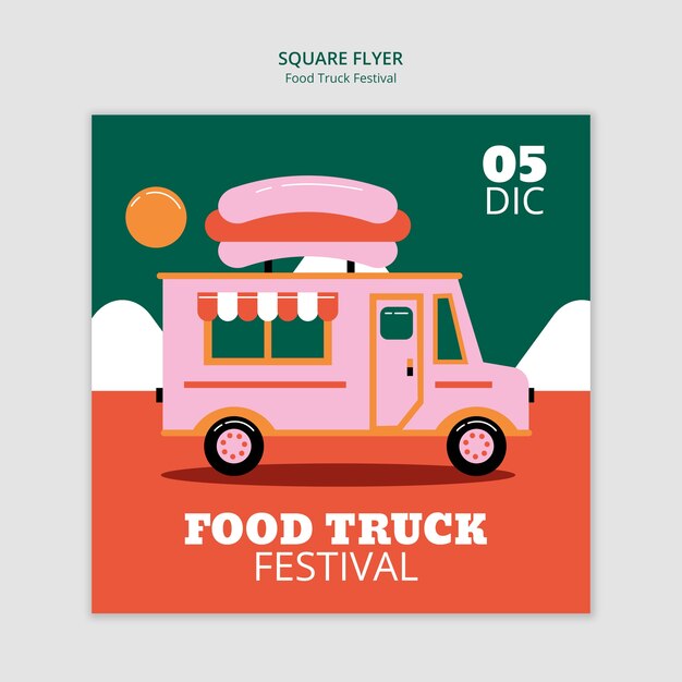 Folleto cuadrado del festival de food truck de diseño plano