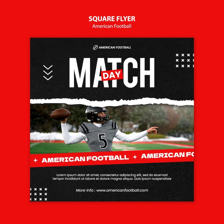 PSD gratuito folleto cuadrado de fútbol americano de diseño plano.