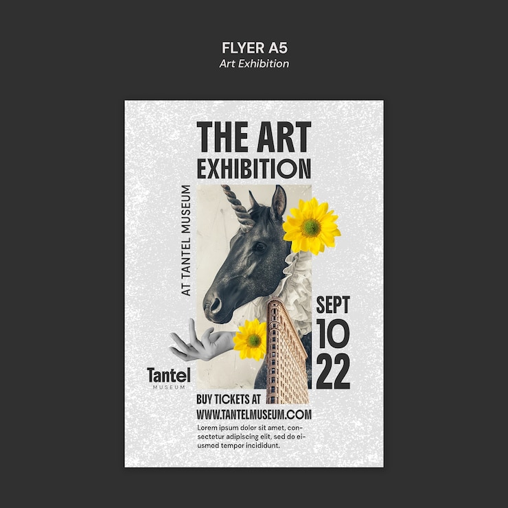 PSD gratuito folleto de una exposición de arte con unicornio y flores