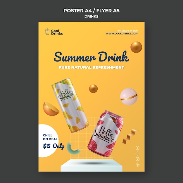 Folleto de latas de refrescos puros de bebidas de verano.