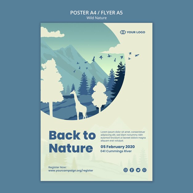 Folleto de naturaleza salvaje jirafa y pájaros