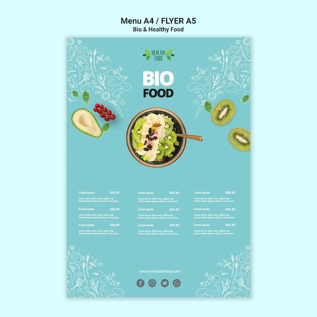 PSD gratuito folleto con plantilla de alimentos saludables y bio