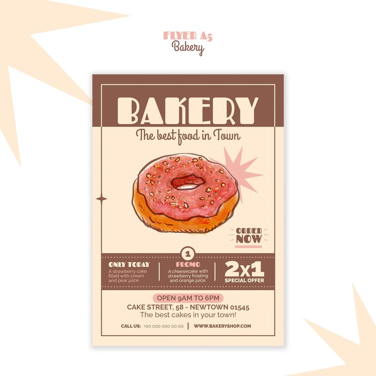 PSD gratuito folleto promocional de panadería con ofertas de rosquillas y pasteles
