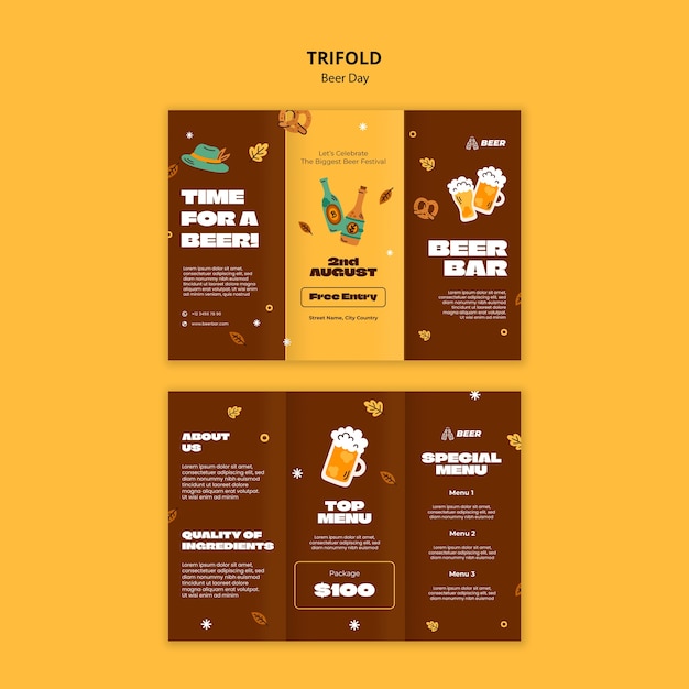 PSD gratuito folleto triplo para la celebración del día de la cerveza