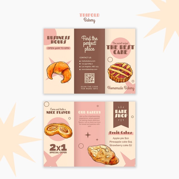PSD gratuito folleto triplo de panadería con pasteles y ofertas especiales