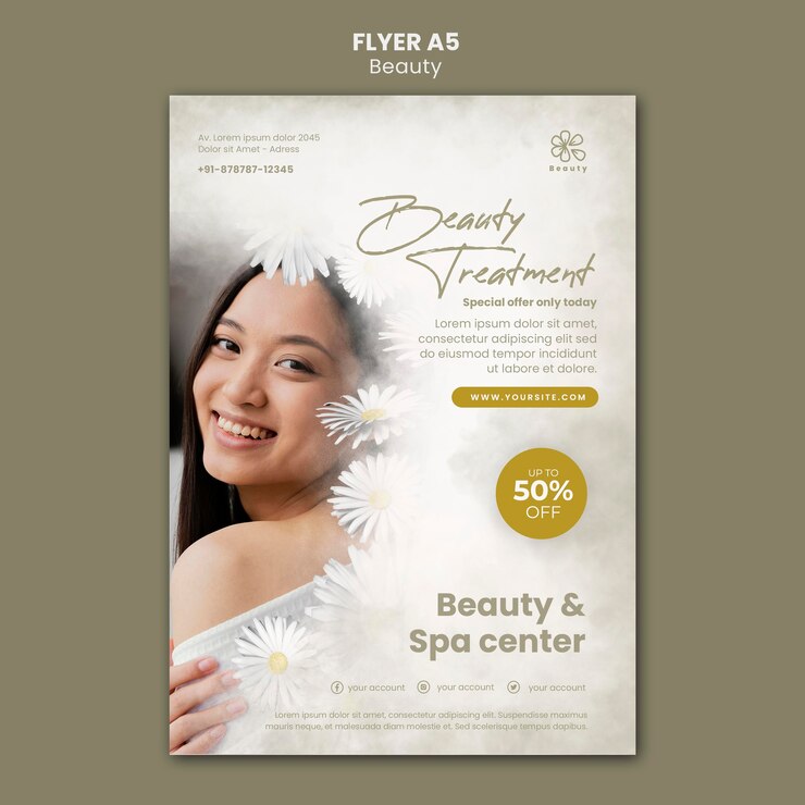 PSD gratuito folleto vertical de belleza y spa con flores de manzanilla y mujer