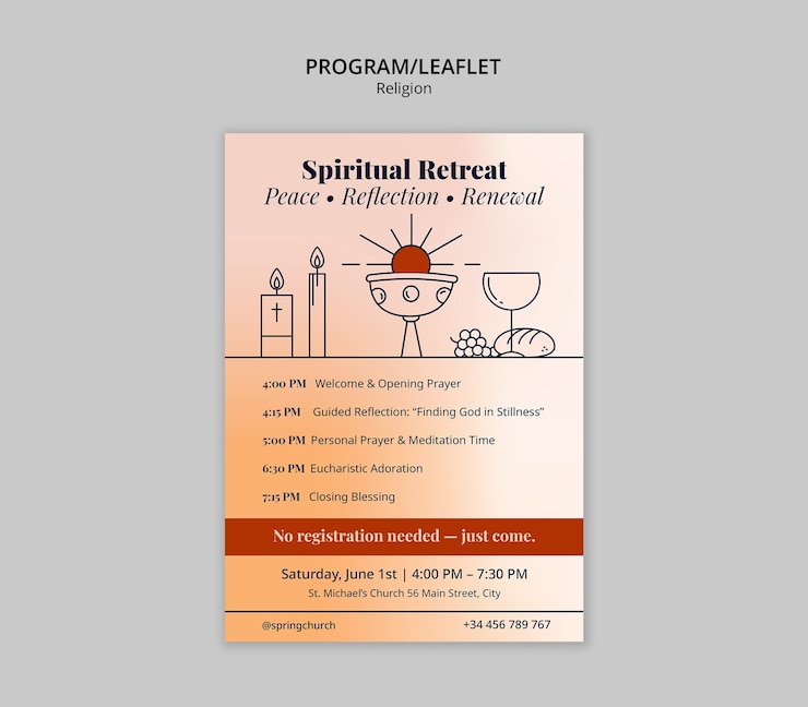 PSD gratuito folletto del programma di ritiro spirituale per l'evento della chiesa