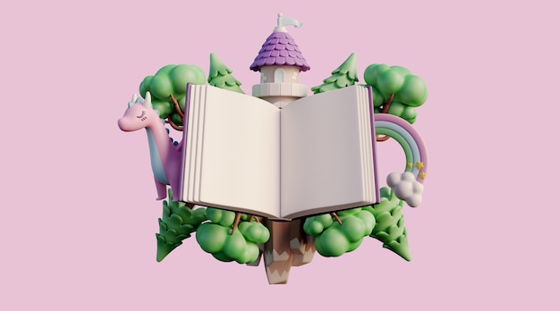 Fondo 3d con cuento de hadas leyendo libro infantil.